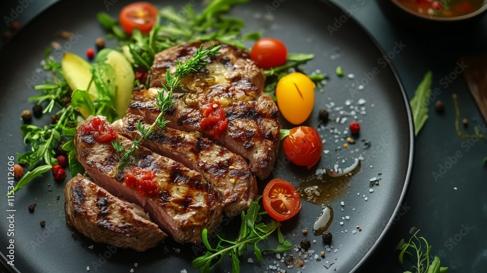 A beautifully presented grilled steak paired with fresh greens, avocado, and cherry tomatoes sits on a black plate. The vibrant colors and elegant plating make this image ideal for health-conscious or A beautifully presented grilled steak paired with fresh greens, avocado, and cherry tomatoes sits on a black plate. The vibrant colors and elegant plating make this image ideal for health-conscious or
