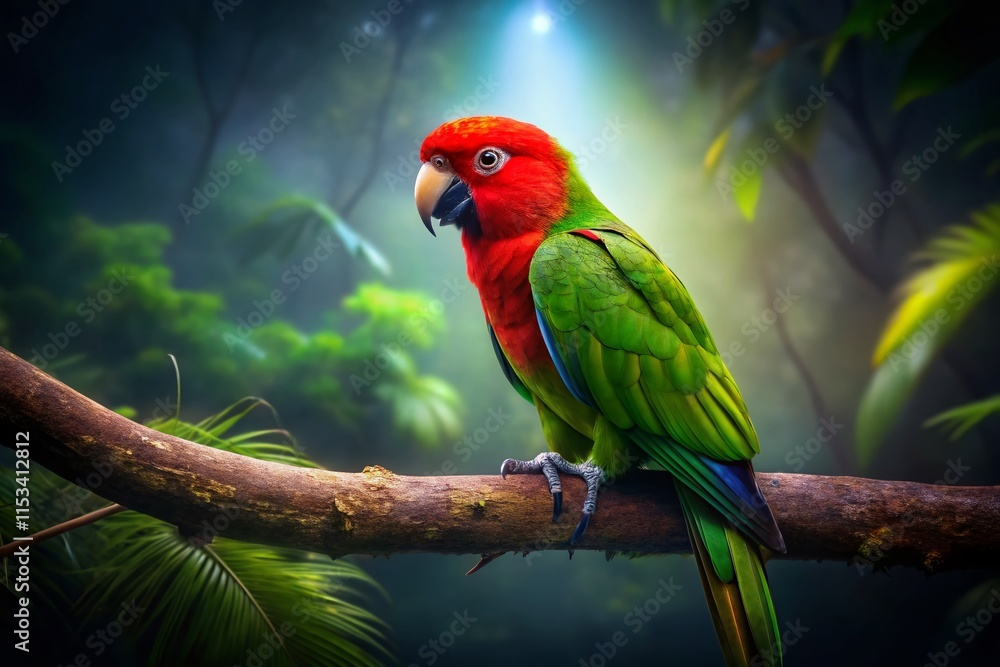 Naklejka premium Vibrant Green Parrot with Crimson Head in Low Light - Stock Photo