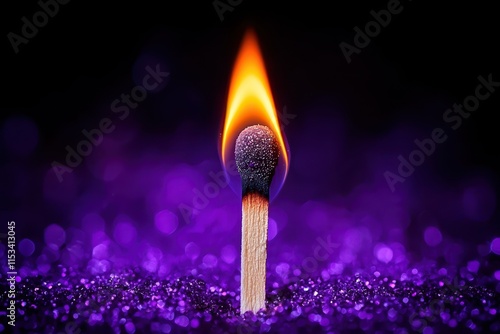 Matchstick burning with flickering flames and lavender smoke in the background.