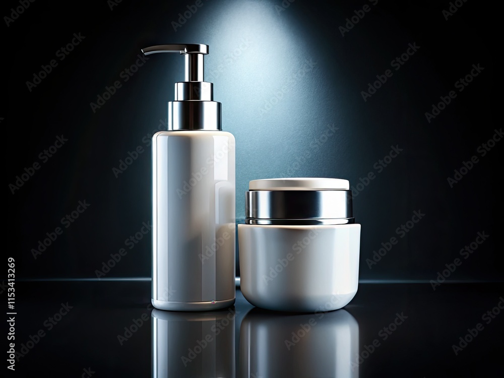 Obraz premium Elegant white cosmetic pump bottle, rectangle container; high-resolution night photography, front view.