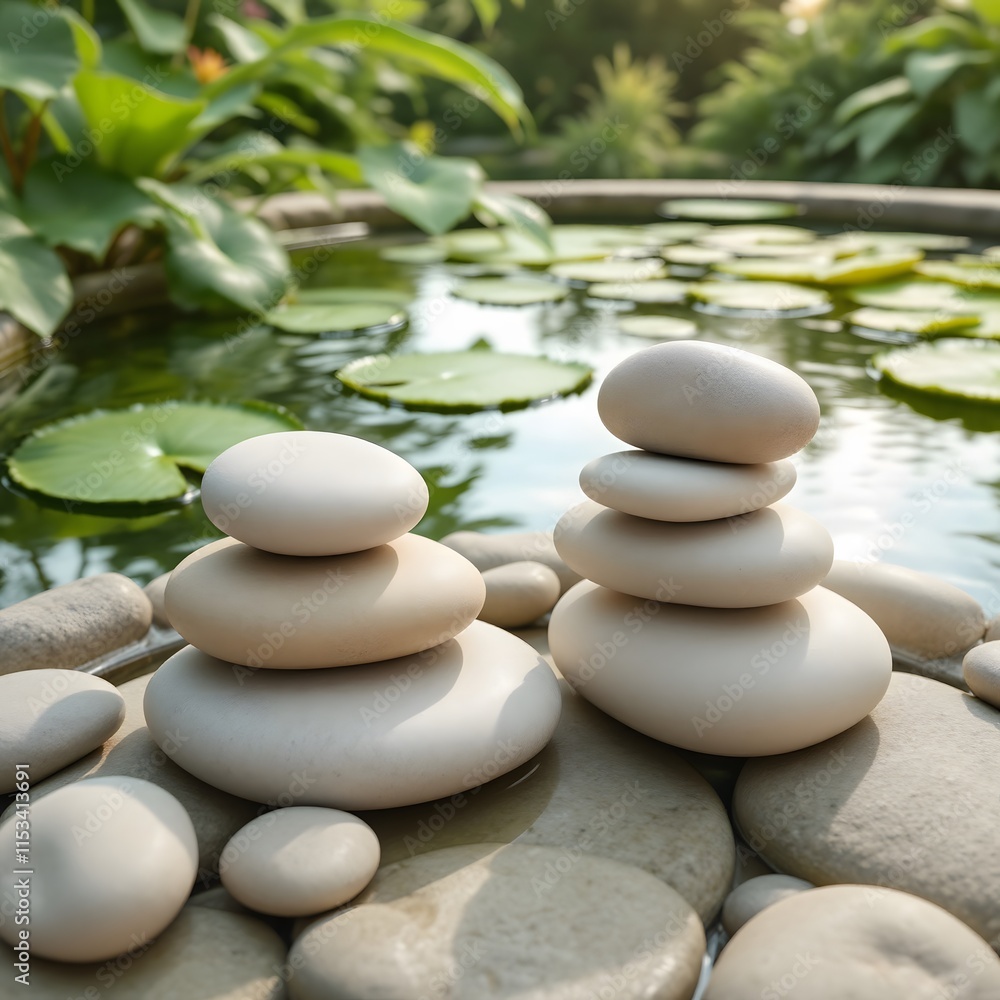 Stacked Stones by Pond with Lily Pads Stacked Stones by Pond with Lily Pads