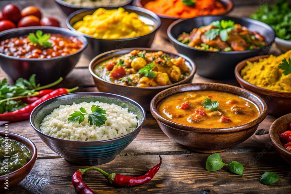 Vibrant Indian Cuisine: Bowls of Aromatic Curries & Rice on Dark Wood Vibrant Indian Cuisine: Bowls of Aromatic Curries & Rice on Dark Wood