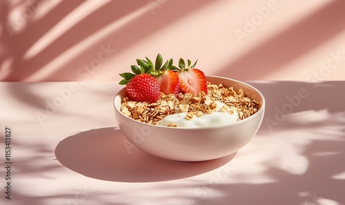 Delicious granola bowl topped with yogurt and fresh strawberries on a soft pink background
