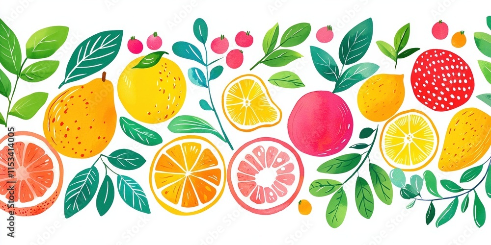 Colorful artistic illustration of fruits and leaves in a playful style for creative projects and branding needs Colorful artistic illustration of fruits and leaves in a playful style for creative projects and branding needs