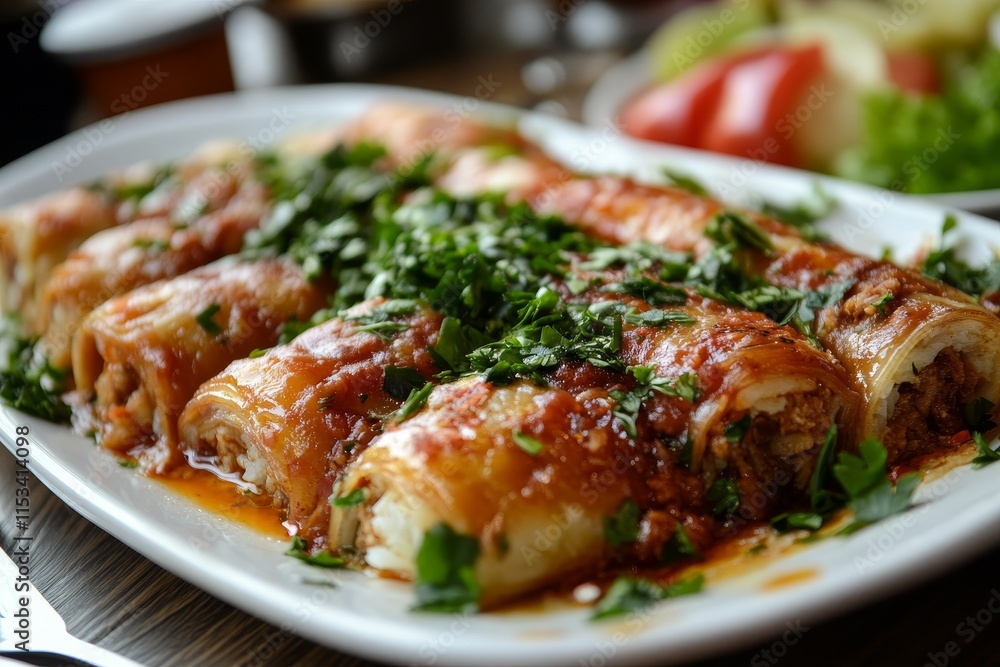 Delicious savory crepe rolls with meat filling and tomato sauce, garnished with fresh parsley, served on a white platter. Delicious savory crepe rolls with meat filling and tomato sauce, garnished with fresh parsley, served on a white platter.