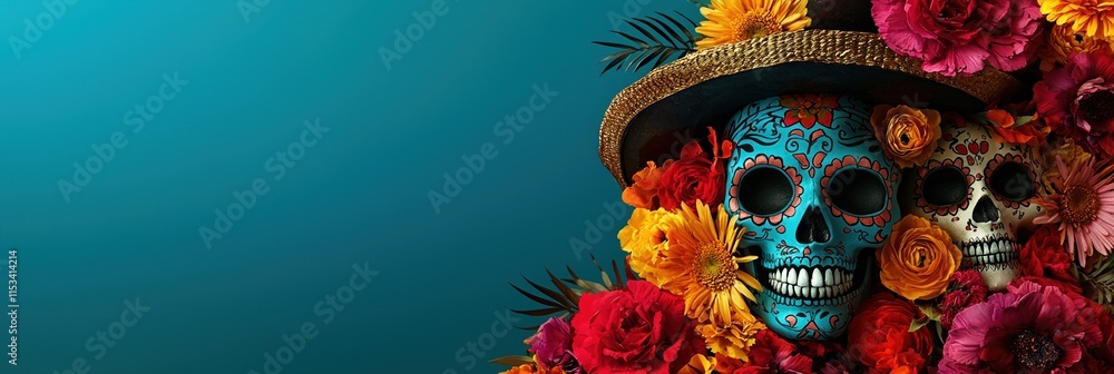 Celebrating Dia de los Muertos with vibrant decorations and sugar skulls adorned with colorful flowers Celebrating Dia de los Muertos with vibrant decorations and sugar skulls adorned with colorful flowers