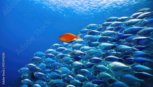 A single, brightly colored fish swimming against a school of uniform-colored fish, symbolizing individuality and nonconformity