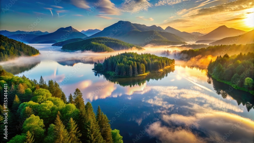 Fototapeta premium Golden light kisses misty lake, reflecting sunrise's embrace, a forest's tranquil dawn.
