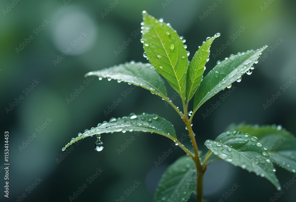 Green leaves with water droplets on a blurred background Green leaves with water droplets on a blurred background