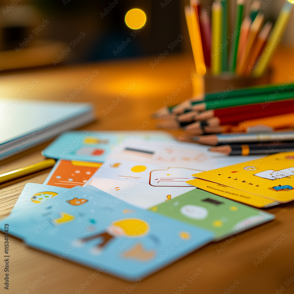 Bright educational flashcards and pencils on a desk under soft lighting for creative lessons and activities in school Bright educational flashcards and pencils on a desk under soft lighting for creative lessons and activities in school