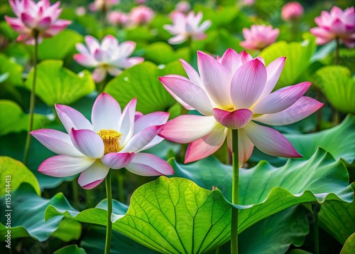 Vibrant Lotus Blossoms: Lush Green Leaves & Pink Flowers - Stock Photo