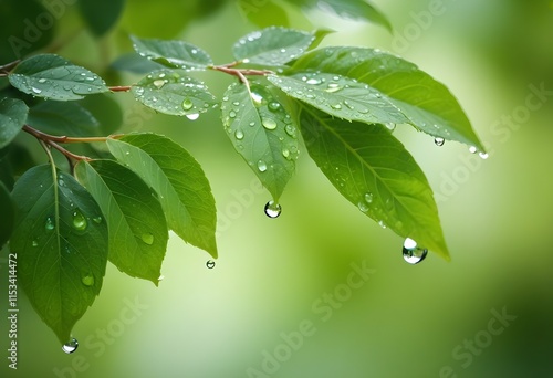Green leaves with water droplets on a blurred background