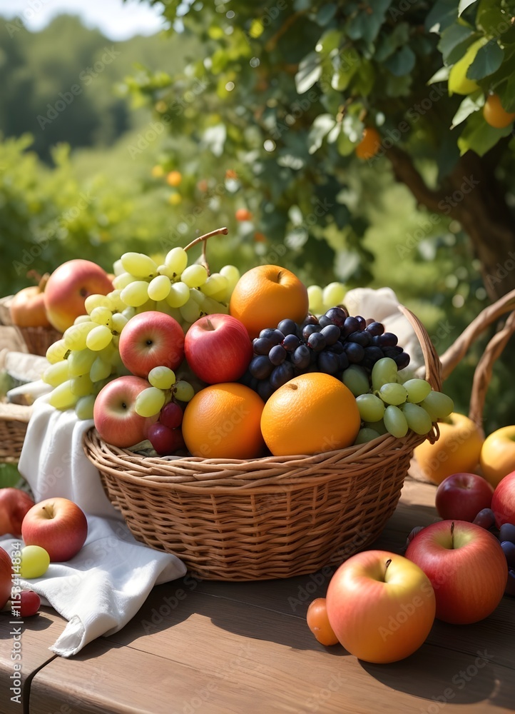A wicker basket filled with various fresh fruits including apples, oranges, grapes, and berries on a table outdoors with a blurred green background A wicker basket filled with various fresh fruits including apples, oranges, grapes, and berries on a table outdoors with a blurred green background