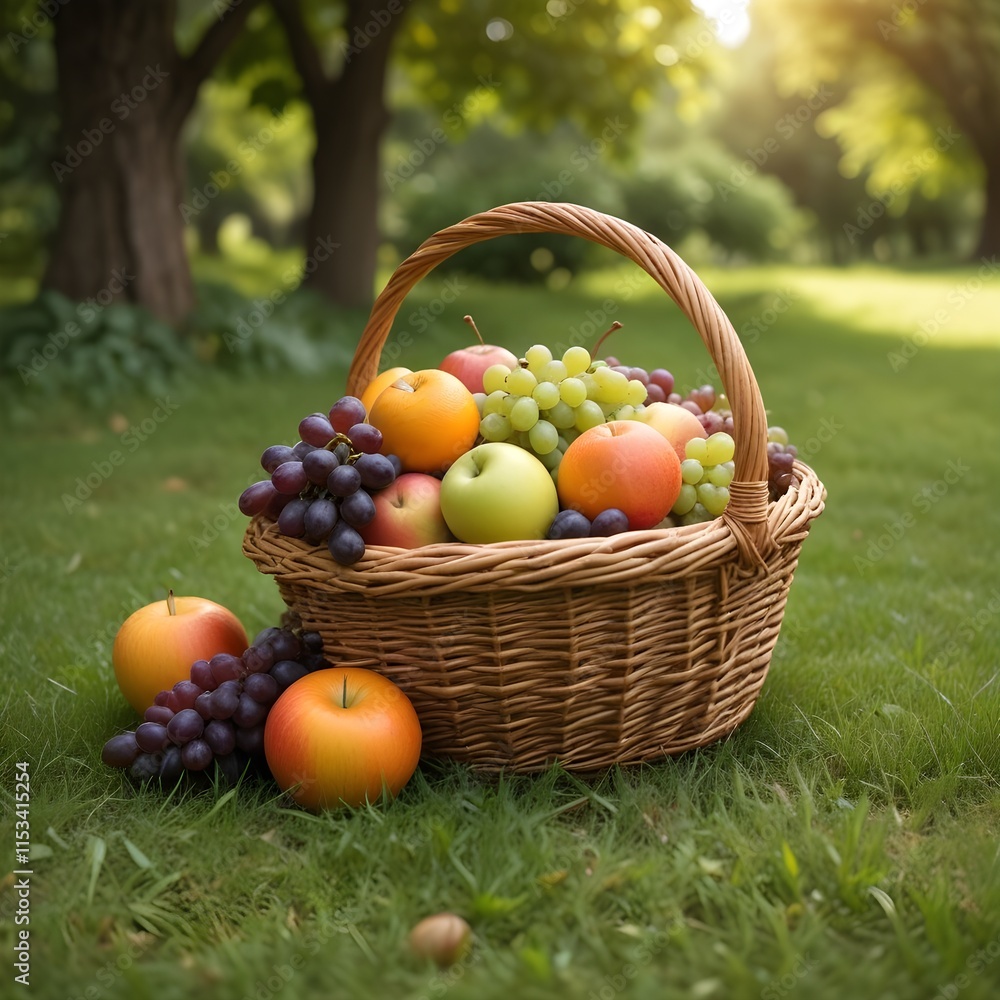 A wicker basket filled with various ripe fruits, sitting on the grass in a lush, green outdoor setting with blurred foliage in the background A wicker basket filled with various ripe fruits, sitting on the grass in a lush, green outdoor setting with blurred foliage in the background