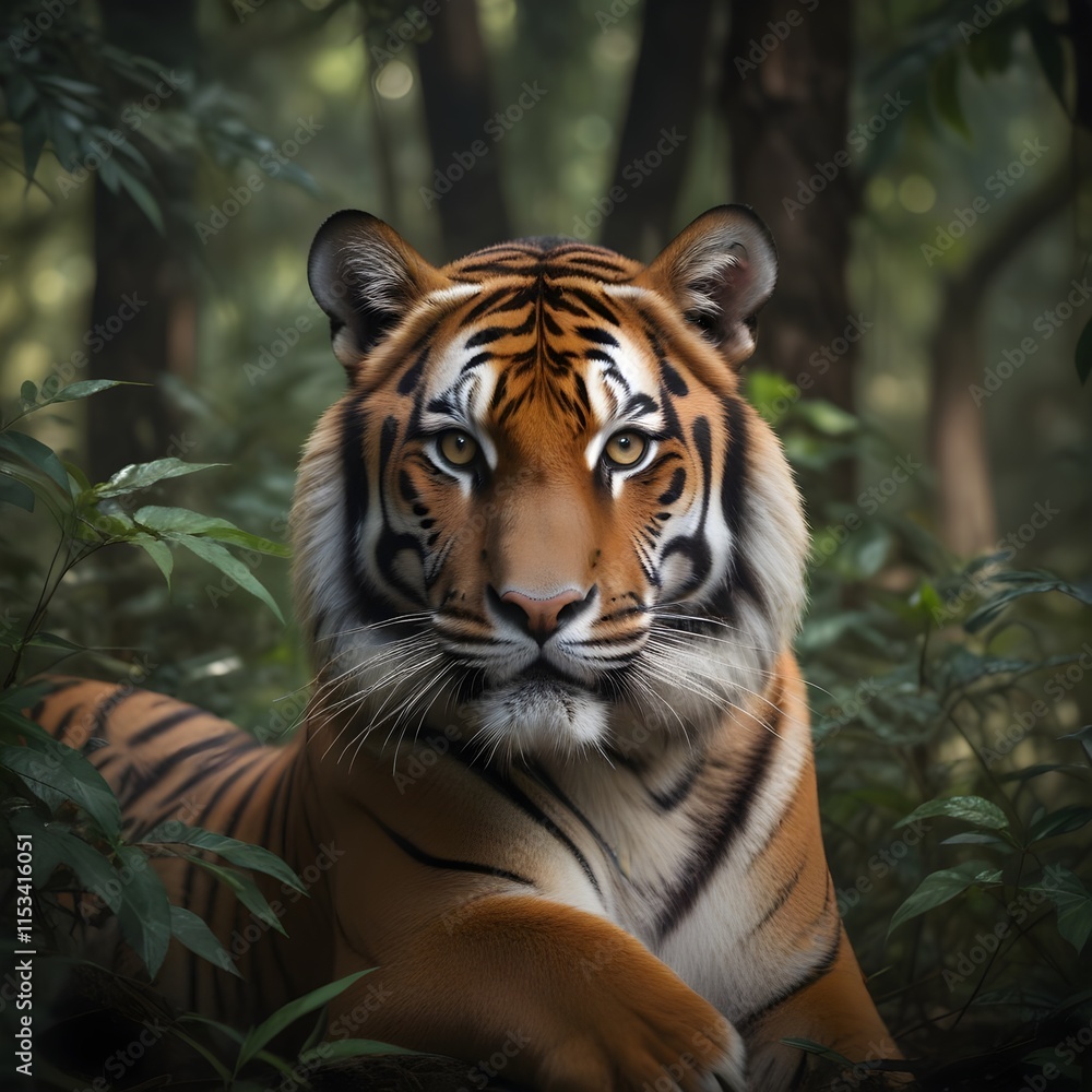 A majestic Bengal tiger in a dense, overgrown forest environment A majestic Bengal tiger in a dense, overgrown forest environment