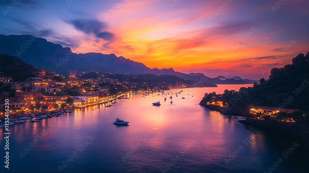 Obraz premium Coastal Town Sunset Vibrant Sky Boats Harbor Lights