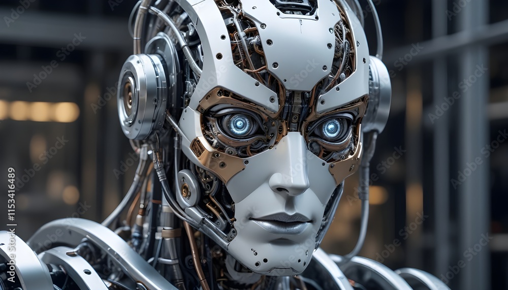 A futuristic robot or android face with intricate mechanical details, wires, and metallic components A futuristic robot or android face with intricate mechanical details, wires, and metallic components