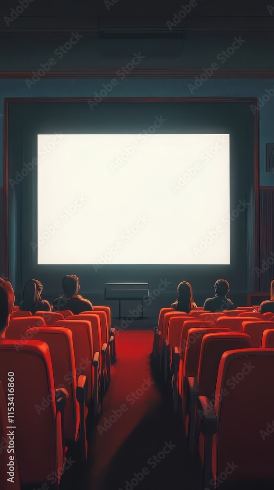 Obraz premium People in the cinema auditorium with Cinema blank wide screen and red chairs in the cinema hall,People silhouettes watching movie performance,empty white screen,space for text,copy space.
