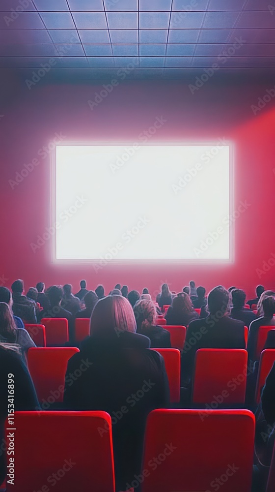 People in the cinema auditorium with Cinema blank wide screen and red chairs in the cinema hall,People silhouettes watching movie performance,empty white screen,space for text,copy space. People in the cinema auditorium with Cinema blank wide screen and red chairs in the cinema hall,People silhouettes watching movie performance,empty white screen,space for text,copy space.