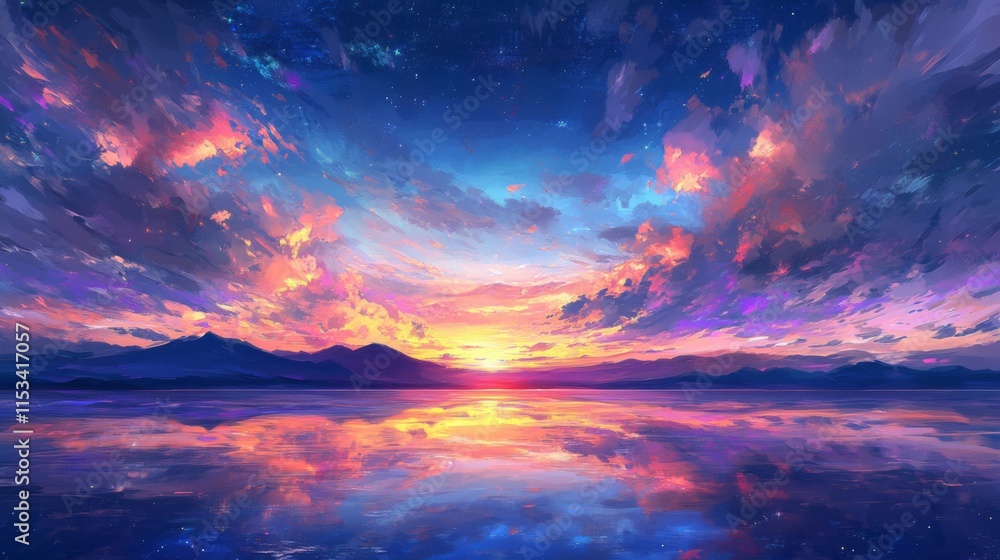 Vibrant Sunset Over Serene Mountain Lake Landscape Vibrant Sunset Over Serene Mountain Lake Landscape