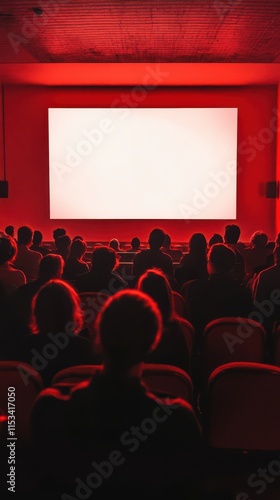 Wallpaper Mural People in the cinema auditorium with Cinema blank wide screen and red chairs in the cinema hall,People silhouettes watching movie performance,empty white screen,space for text,copy space. Torontodigital.ca