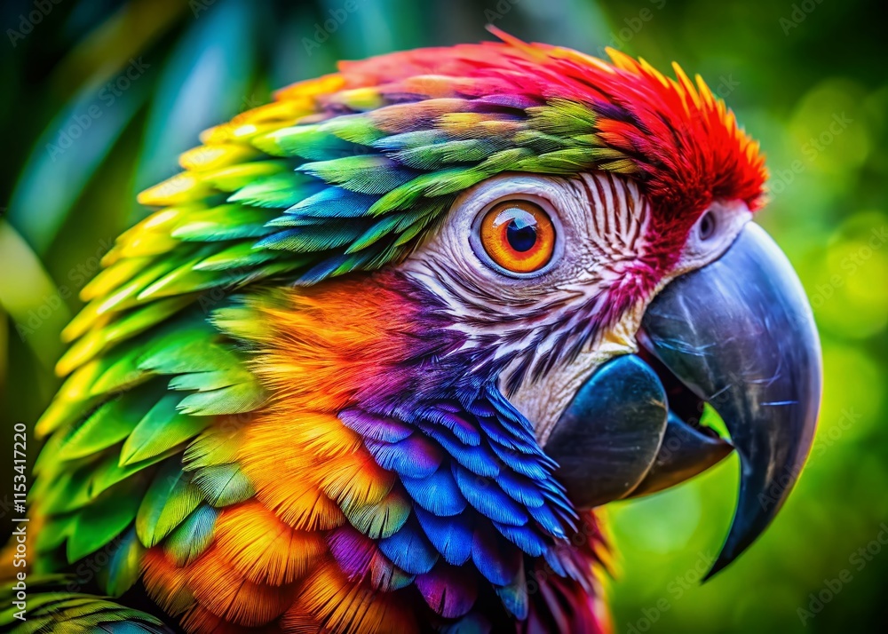 Obraz premium Vibrant Parrot Close-up: Rainbow Eye, Tropical Bird, Exotic Feather Detail