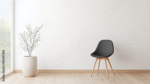 A chair with wooden legs in a modern minimalist interior, wooden vinyl flooring, and a clean white wall