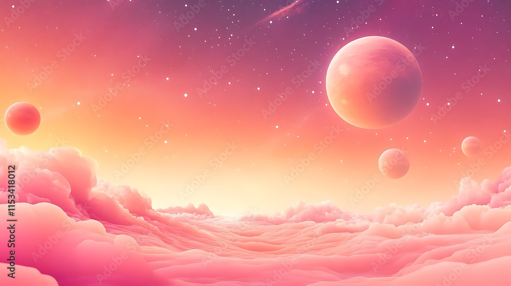 Dreamy Pastel Planets Gently Floating Above Soft Pink Cloudscape: Digital Painting in a Whimsical Style. AI Generated Dreamy Pastel Planets Gently Floating Above Soft Pink Cloudscape: Digital Painting in a Whimsical Style. AI Generated