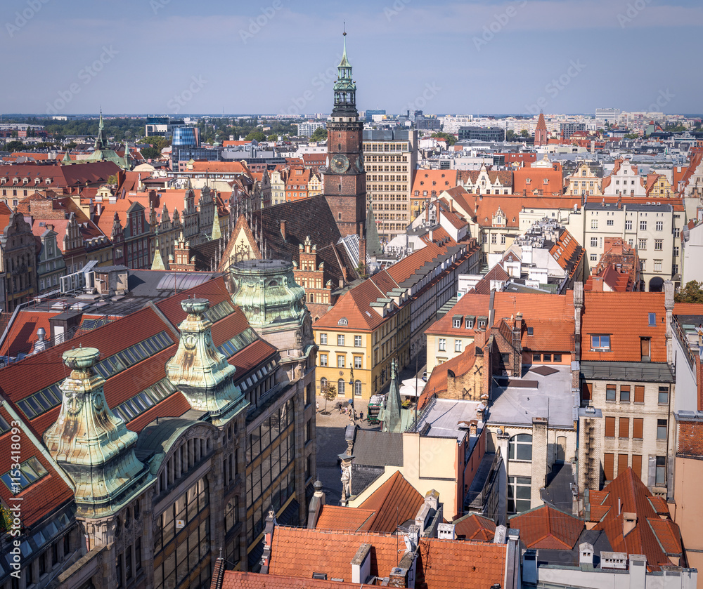 Fototapeta premium Wroclaw Skyline from Penitents Bridge at St. Mary’s Church, Poland