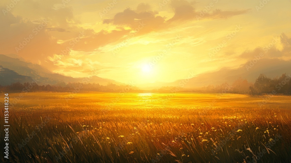 Fototapeta premium Golden Sunset Over a Serene Meadow Landscape