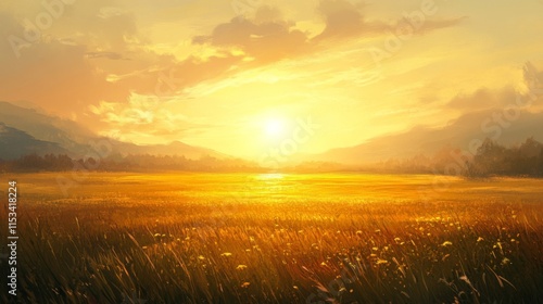 Golden Sunset Over a Serene Meadow Landscape