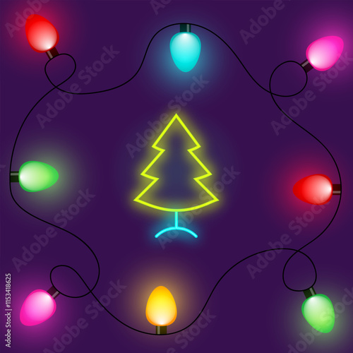 Obraz na plátně Christmas lights with fur-tree and garland Vector illustration in neon style