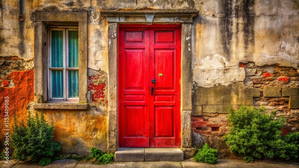 Vibrant Red Door on Rustic Building - Stock Photo Vibrant Red Door on Rustic Building - Stock Photo