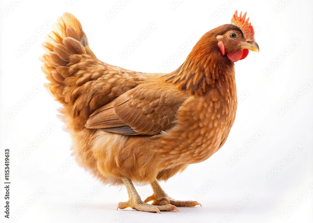 Fototapeta premium Miniature chicken, tilt-shift effect, white background; charming farm animal portrait.