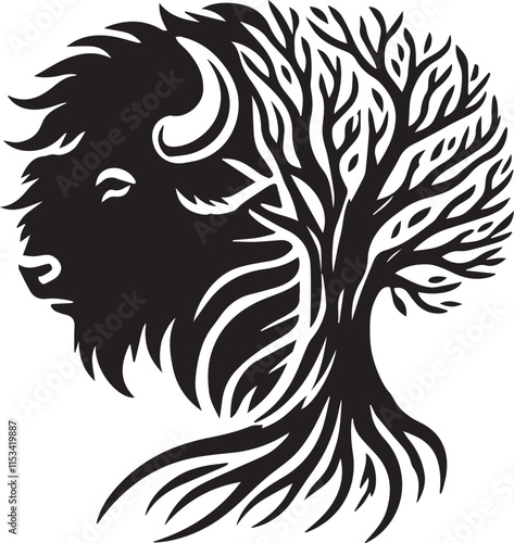 Bison head silhouette combined with tree trunk and branches