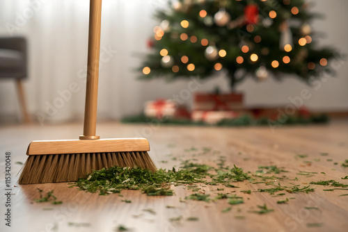  A wooden broom sweeps scattered pine needles on a wooden floor, symbolizing the post-holiday cleanup tradition following Christmas festivities. photo