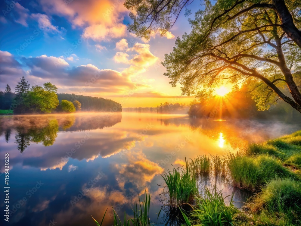 Misty lake at dawn: spring fog blankets the water, mirroring a picturesque landscape. Misty lake at dawn: spring fog blankets the water, mirroring a picturesque landscape.