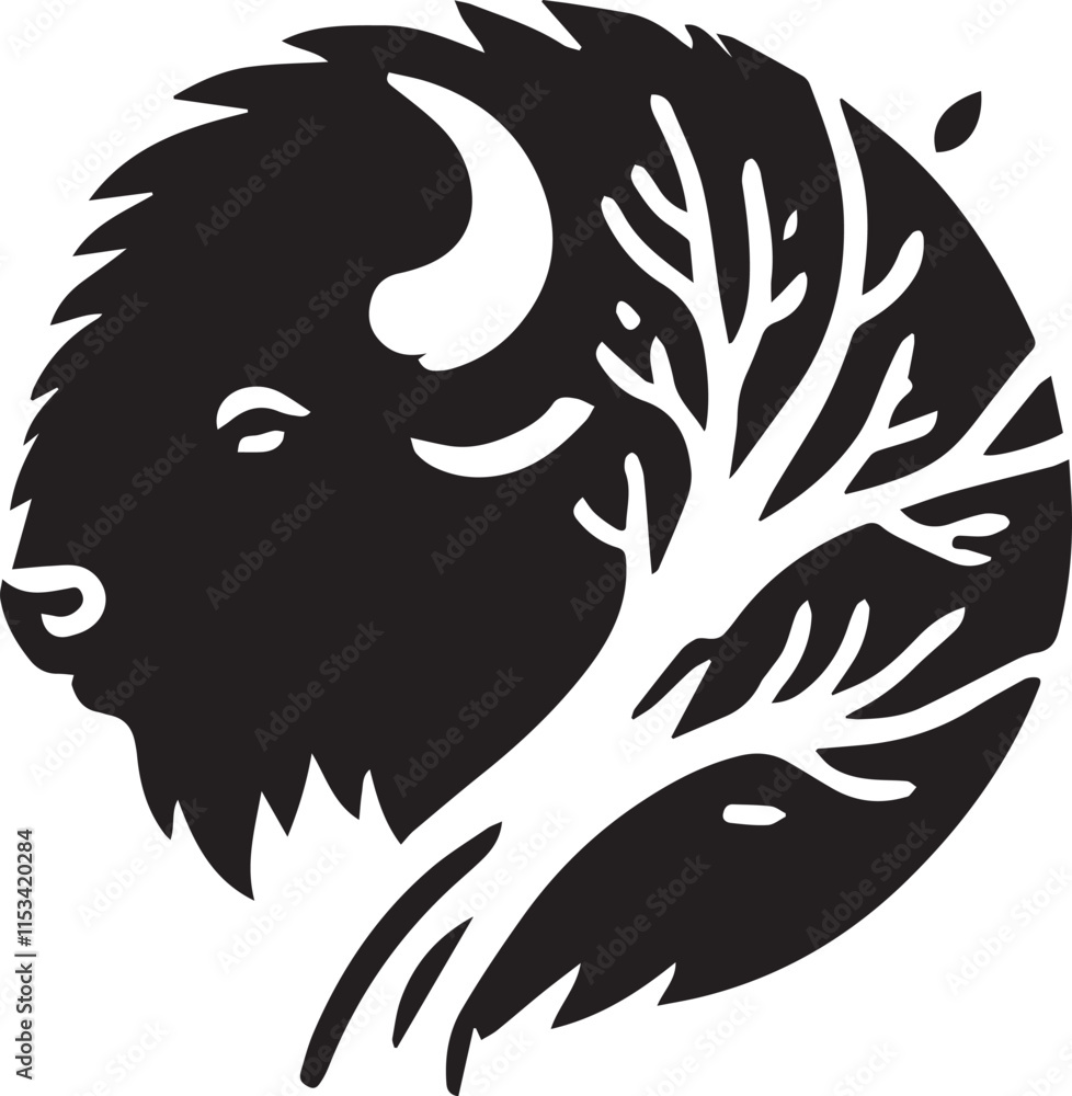 Bison head silhouette combined with tree trunk and branches Bison head silhouette combined with tree trunk and branches