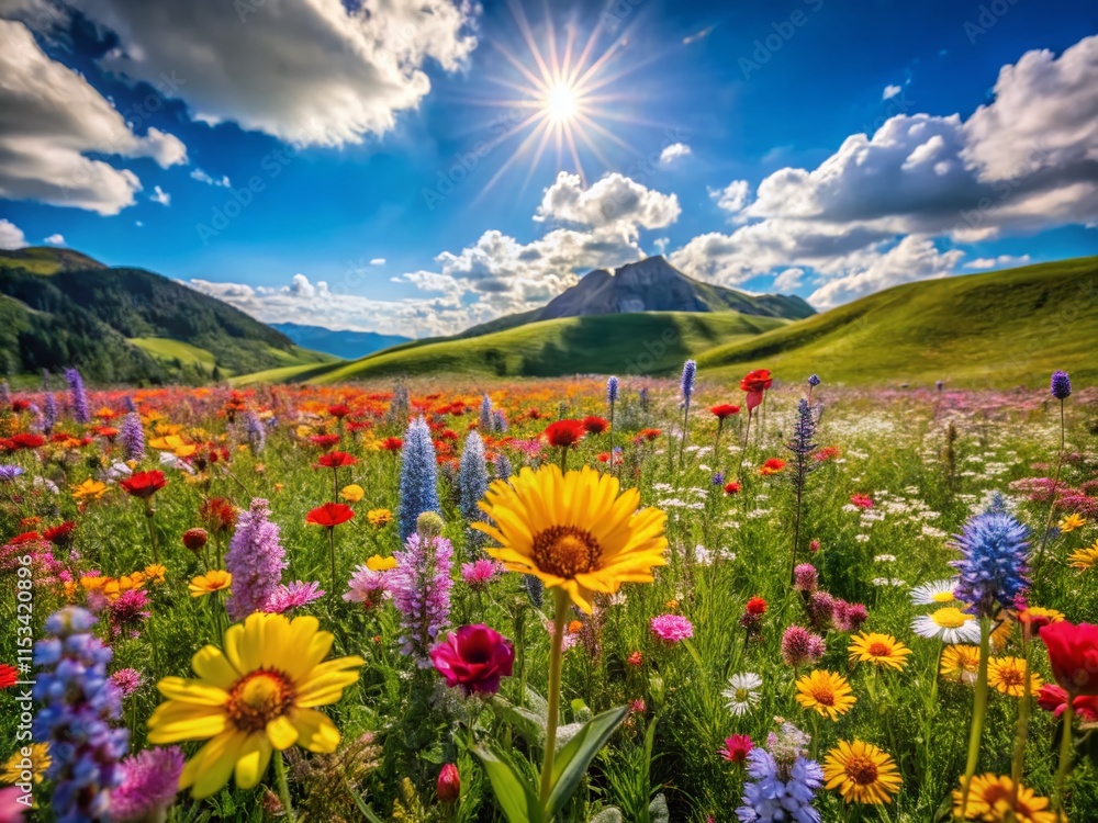 Fototapeta premium Vibrant Spring Landscape: Blooming Wildflowers in Sunlit Meadow