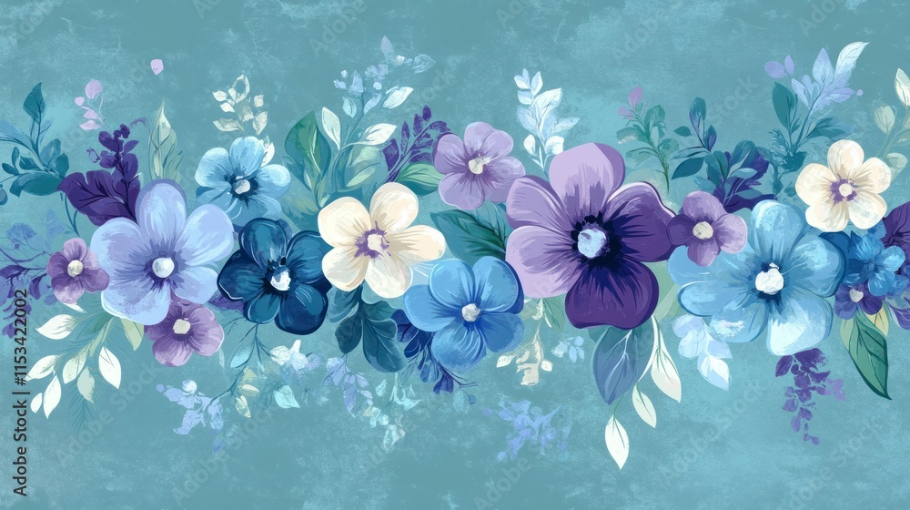 A vintage-inspired floral vector with intricate blue and purple flowers paired with delicate white accents, arranged on a subtle teal background