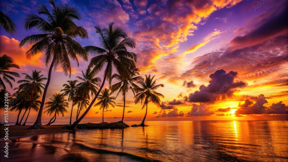 Obraz premium Ocean view, sunset silhouettes: palm trees etched against fiery skies.