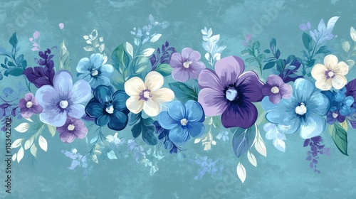 Obraz na płótnie A vintage-inspired floral vector with intricate blue and purple flowers paired with delicate white accents, arranged on a subtle teal background w salonie