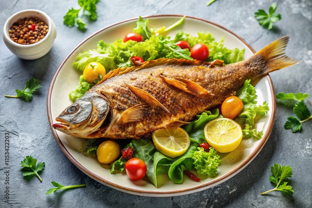 Crispy Fried Fish with Fresh Salad - Minimalist Food Photography Crispy Fried Fish with Fresh Salad - Minimalist Food Photography