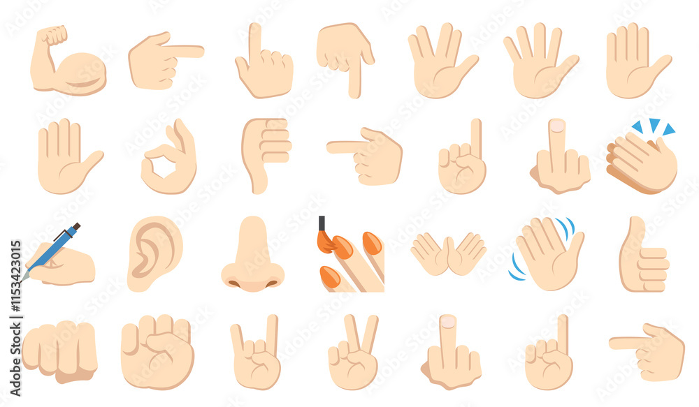 Hand emojis, gestures, stickers, emoticons vector illustration symbols set, collection. Hand emojis, gestures, stickers, emoticons vector illustration symbols set, collection.