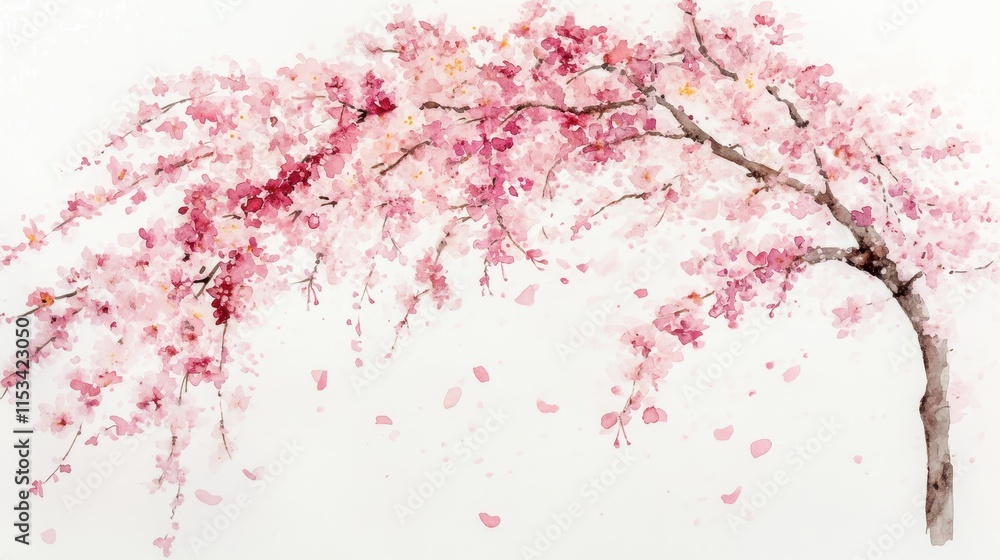 Naklejka premium Watercolor Cherry blossom blooming flower,Sakura tree or forest side view,Cherry tree spring flower background,elements for environment and garden,botanical in spring season.
