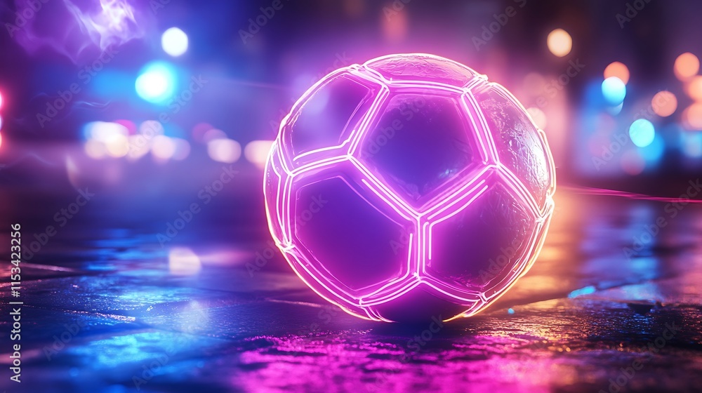 Fototapeta premium Neon Soccer Ball Glows Vividly at Night. AI Generated