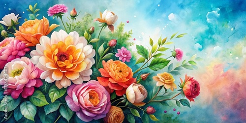 Fototapeta Naklejka Na Ścianę i Meble -  Vibrant Watercolor Floral Design: Pink, Orange & White Flowers on Blue Background