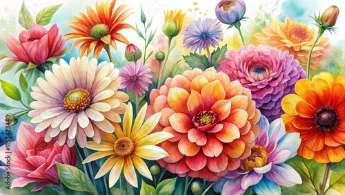 Vibrant Watercolor Flowers, Isolated Floral Bouquet, Colorful Spring Blooms, Artistic Botanical Illustration, High-Resolution Image