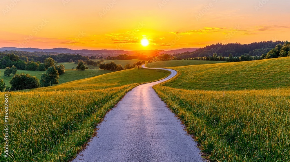 Scenic Sunset Road Golden Fields Winding Path Hilltop View Scenic Sunset Road Golden Fields Winding Path Hilltop View