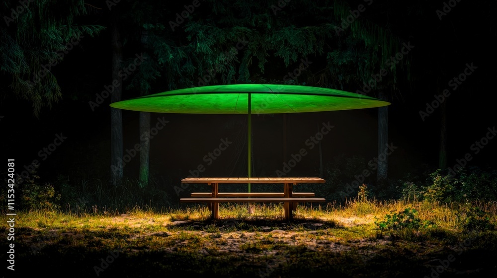 Naklejka premium Serene Night Picnic Wooden Table Green Umbrella Forest